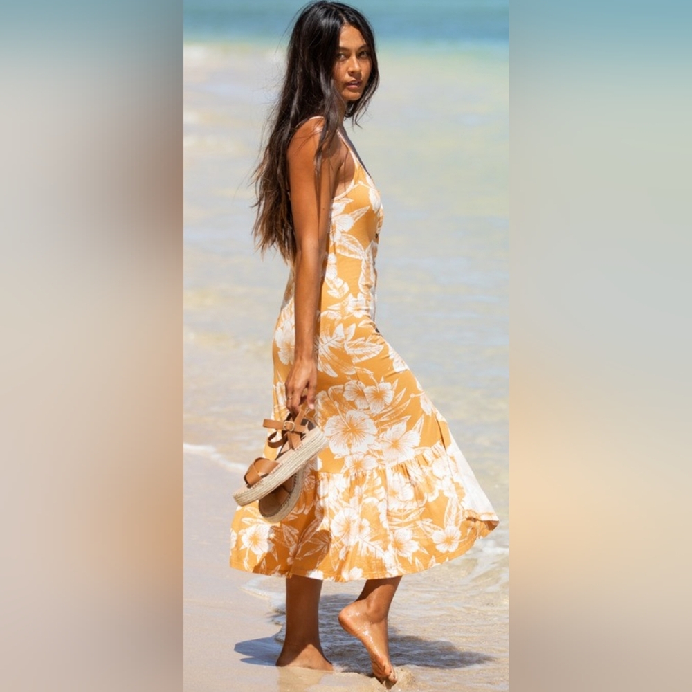 Roxy Seaside Estate Spaghetti Strap Dress in Yellow and White Print Size XS